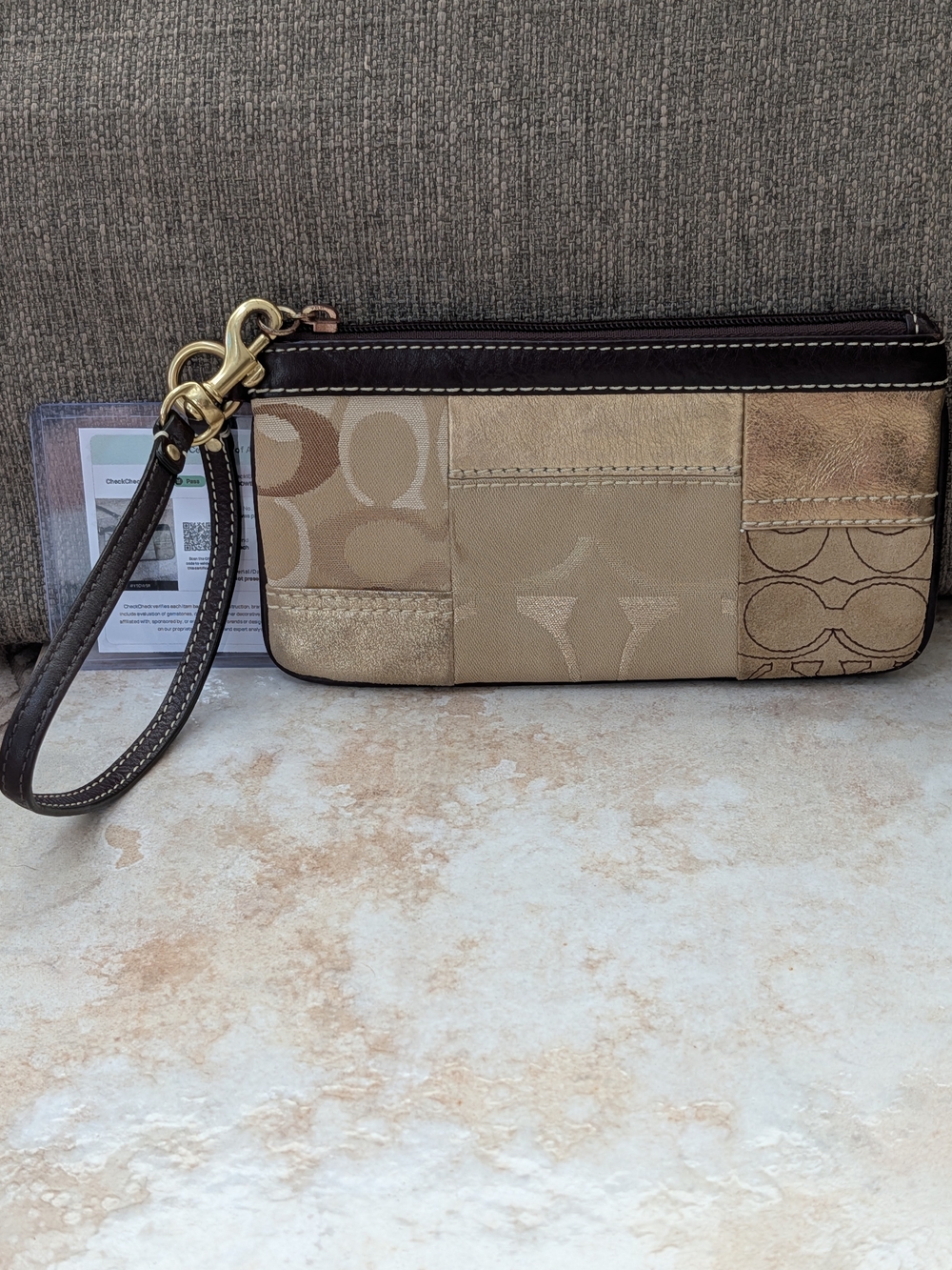 Coach Beige Patchwork Signature Wristlet w COA EUC